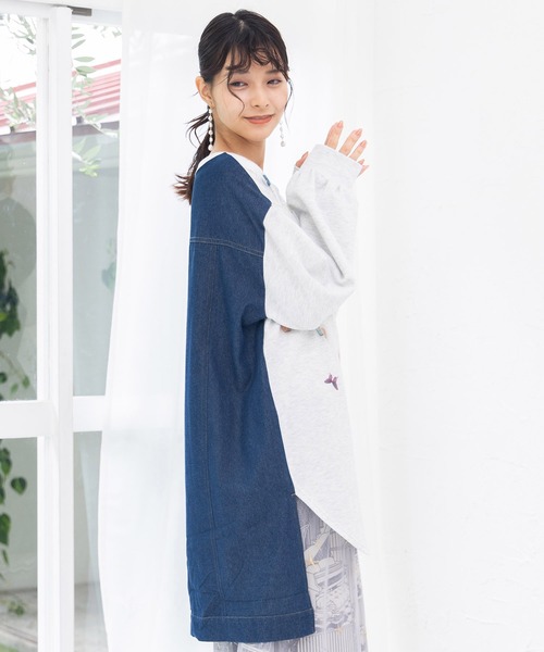 【セール】543253：天燈節とピアノ柄 デニム切替裏毛ワンピース（Tシャツ/カットソー）｜iS ScoLar（イズスカラー）