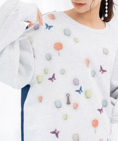 【セール】543253：天燈節とピアノ柄 デニム切替裏毛ワンピース（Tシャツ/カットソー）｜iS ScoLar（イズスカラー）