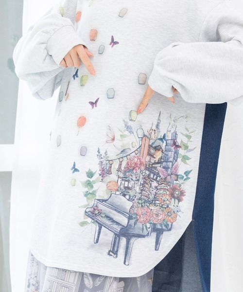 【セール】543253：天燈節とピアノ柄 デニム切替裏毛ワンピース（Tシャツ/カットソー）｜iS ScoLar（イズスカラー）