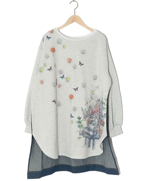 【セール】543253：天燈節とピアノ柄 デニム切替裏毛ワンピース（Tシャツ/カットソー）｜iS ScoLar（イズスカラー）