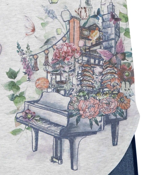 【セール】543253：天燈節とピアノ柄 デニム切替裏毛ワンピース（Tシャツ/カットソー）｜iS ScoLar（イズスカラー）