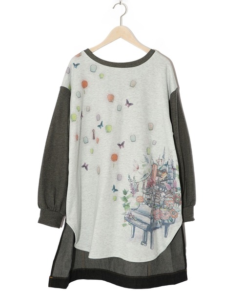 【セール】543253：天燈節とピアノ柄 デニム切替裏毛ワンピース（Tシャツ/カットソー）｜iS ScoLar（イズスカラー）