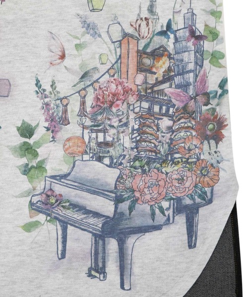 【セール】543253：天燈節とピアノ柄 デニム切替裏毛ワンピース（Tシャツ/カットソー）｜iS ScoLar（イズスカラー）