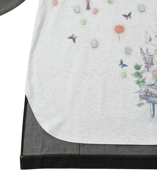 【セール】543253：天燈節とピアノ柄 デニム切替裏毛ワンピース（Tシャツ/カットソー）｜iS ScoLar（イズスカラー）