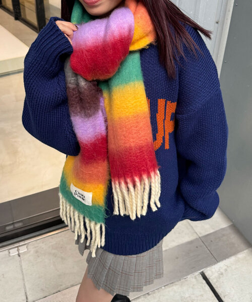 CIAOPANIC(チャオパニック)の「太フリンジマルチボーダーボリュームマフラー(マフラー・レディース・パープル/ホワイト/オレンジ/その他/サーモンピンク/イエロー/ブラウン/ピンク・FREE)」の8枚目の写真