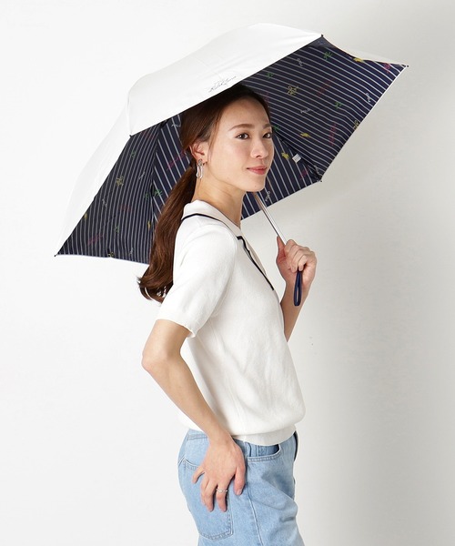 遮光 晴雨兼用 折りたたみ日傘 'ストライプ＆ロゴ'（折りたたみ