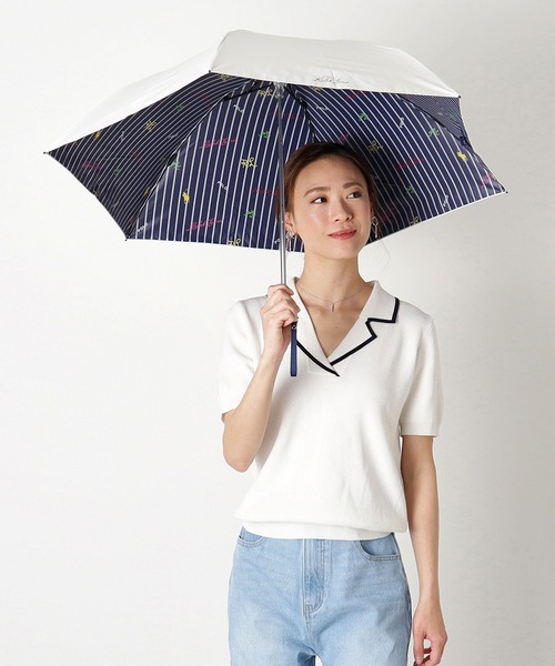 セール】遮光 晴雨兼用 折りたたみ日傘 'ストライプ＆ロゴ