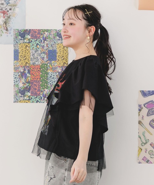セール】151670：ロックなキャッツ柄 チュール重ねTシャツ（T