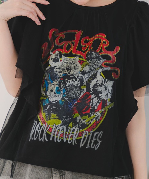 半額以下で買えるクーポン特集 セール】151670：ロックなキャッツ柄 チュール重ねTシャツ（T トップス