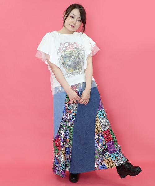 セール】151670：ロックなキャッツ柄 チュール重ねTシャツ（T