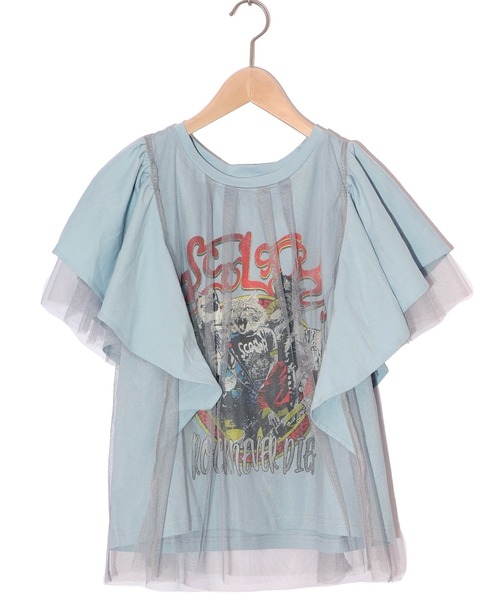 セール】151670：ロックなキャッツ柄 チュール重ねTシャツ（T