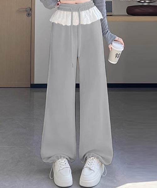 DAY CLOSET(デイ クローゼット)の「【大きいサイズ有/ドローコード付き】旬の韓国っぽ。ウエストレースレイヤード風スウェットワイドパンツ レディース(スウェットパンツ・レディース・グレー/クリーム/ブラック・M/L/XL)」の2枚目の写真