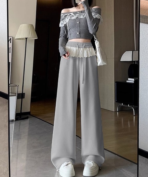 DAY CLOSET(デイ クローゼット)の「【大きいサイズ有/ドローコード付き】旬の韓国っぽ。ウエストレースレイヤード風スウェットワイドパンツ レディース(スウェットパンツ・レディース・グレー/クリーム/ブラック・M/L/XL)」の10枚目の写真