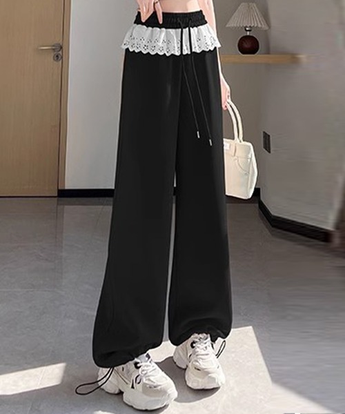 DAY CLOSET(デイ クローゼット)の「【大きいサイズ有/ドローコード付き】旬の韓国っぽ。ウエストレースレイヤード風スウェットワイドパンツ レディース(スウェットパンツ・レディース・グレー/クリーム/ブラック・M/L/XL)」の5枚目の写真