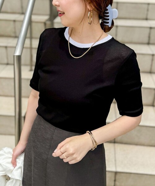 NOLLEY’S Sophi（ノーリーズソフィ）の「シアー配色トリミング半袖Tシャツ（Tシャツ/カットソー・レディース・ホワイト/オレンジ/ブラック・38）」の2枚目の写真