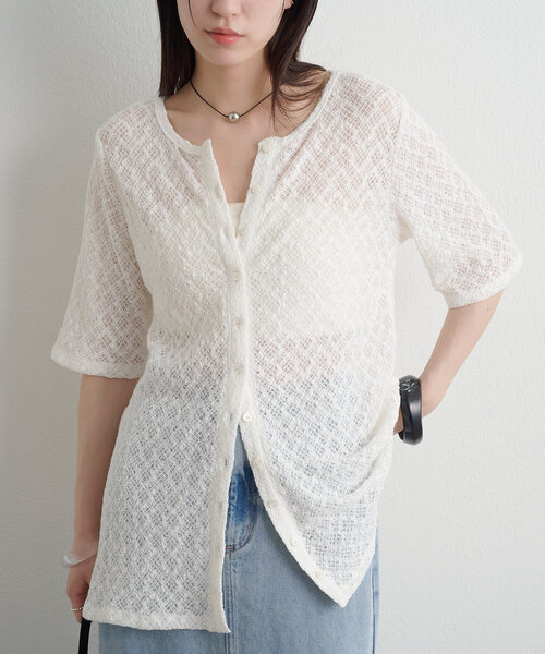 Omekashi（オメカシ）の「ストレッチレース2WAYカーディガン（Tシャツ/カットソー・レディース・オフホワイト/ブラック/ベージュ/ブルー・FREE）」の14枚目の写真