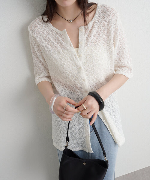 Omekashi（オメカシ）の「ストレッチレース2WAYカーディガン（Tシャツ/カットソー・レディース・オフホワイト/ブラック/ベージュ/ブルー・FREE）」の15枚目の写真