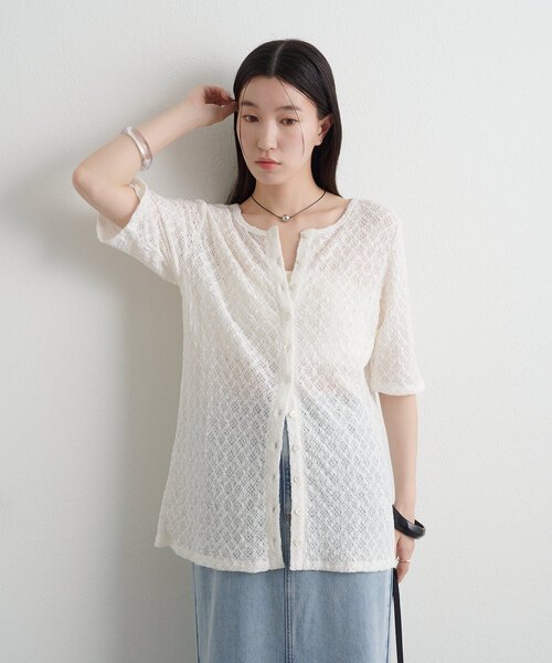 Omekashi（オメカシ）の「ストレッチレース2WAYカーディガン（Tシャツ/カットソー・レディース・オフホワイト/ブラック/ベージュ/ブルー・FREE）」の16枚目の写真