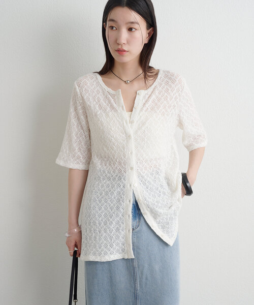 Omekashi（オメカシ）の「ストレッチレース2WAYカーディガン（Tシャツ/カットソー・レディース・オフホワイト/ブラック/ベージュ/ブルー・FREE）」の17枚目の写真