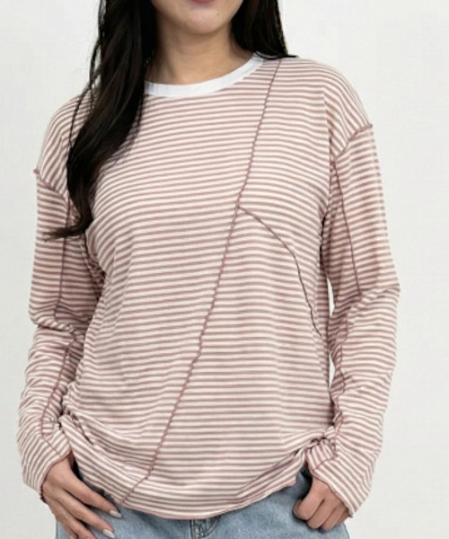 Per sist ence(パーシエンス)の「シアーボーダーメローバイカラーロンT(Tシャツ/カットソー・レディース・グリーン/ブラック/ベージュ/ネイビー・ONE SIZE)」の2枚目の写真
