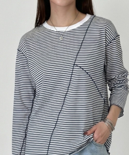 Per sist ence(パーシエンス)の「シアーボーダーメローバイカラーロンT(Tシャツ/カットソー・レディース・グリーン/ブラック/ベージュ/ネイビー・ONE SIZE)」の4枚目の写真