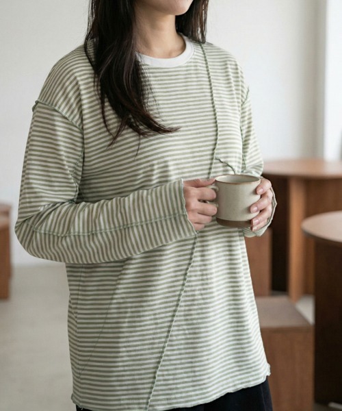 Per sist ence(パーシエンス)の「シアーボーダーメローバイカラーロンT(Tシャツ/カットソー・レディース・グリーン/ブラック/ベージュ/ネイビー・ONE SIZE)」の3枚目の写真