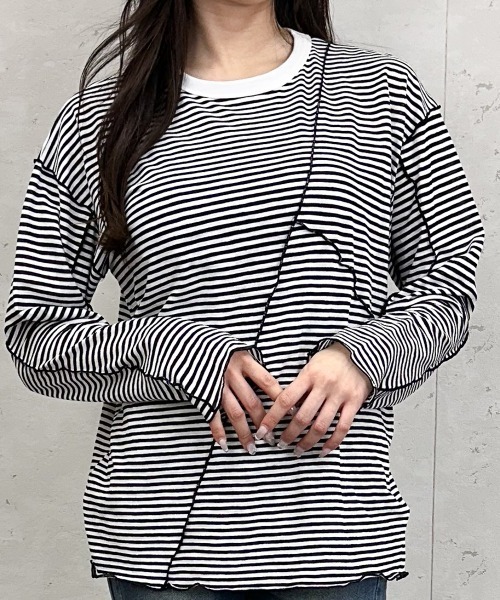 Per sist ence(パーシエンス)の「シアーボーダーメローバイカラーロンT(Tシャツ/カットソー・レディース・グリーン/ブラック/ベージュ/ネイビー・ONE SIZE)」の1枚目の写真