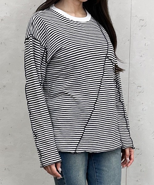 Per sist ence(パーシエンス)の「シアーボーダーメローバイカラーロンT(Tシャツ/カットソー・レディース・グリーン/ブラック/ベージュ/ネイビー・ONE SIZE)」の6枚目の写真