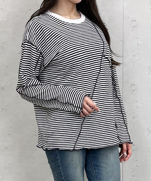 Per sist ence(パーシエンス)の「シアーボーダーメローバイカラーロンT(Tシャツ/カットソー・レディース・グリーン/ブラック/ベージュ/ネイビー・ONE SIZE)」の7枚目の写真