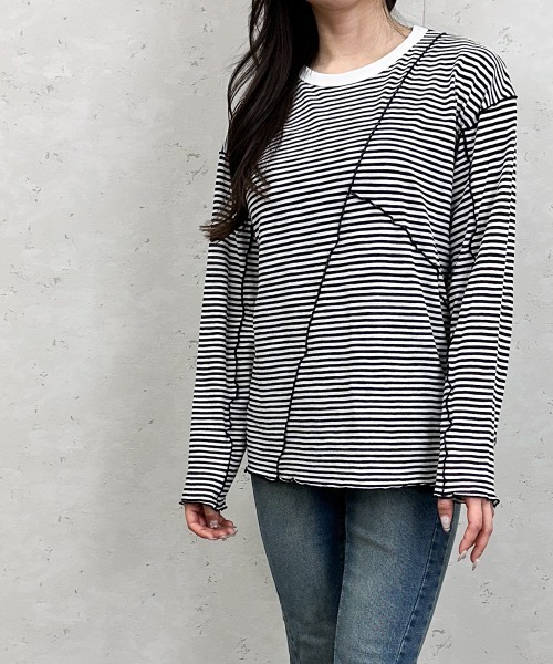 Per sist ence(パーシエンス)の「シアーボーダーメローバイカラーロンT(Tシャツ/カットソー・レディース・グリーン/ブラック/ベージュ/ネイビー・ONE SIZE)」の11枚目の写真