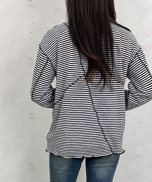 Per sist ence(パーシエンス)の「シアーボーダーメローバイカラーロンT(Tシャツ/カットソー・レディース・グリーン/ブラック/ベージュ/ネイビー・ONE SIZE)」の12枚目の写真