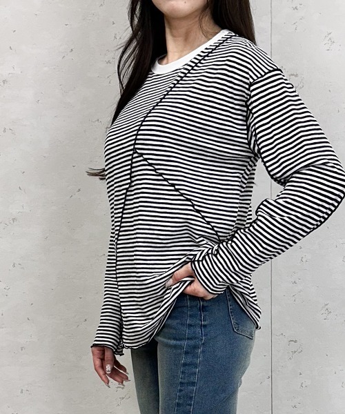 Per sist ence(パーシエンス)の「シアーボーダーメローバイカラーロンT(Tシャツ/カットソー・レディース・グリーン/ブラック/ベージュ/ネイビー・ONE SIZE)」の13枚目の写真