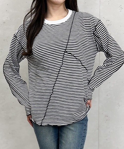 Per sist ence(パーシエンス)の「シアーボーダーメローバイカラーロンT(Tシャツ/カットソー・レディース・グリーン/ブラック/ベージュ/ネイビー・ONE SIZE)」の14枚目の写真