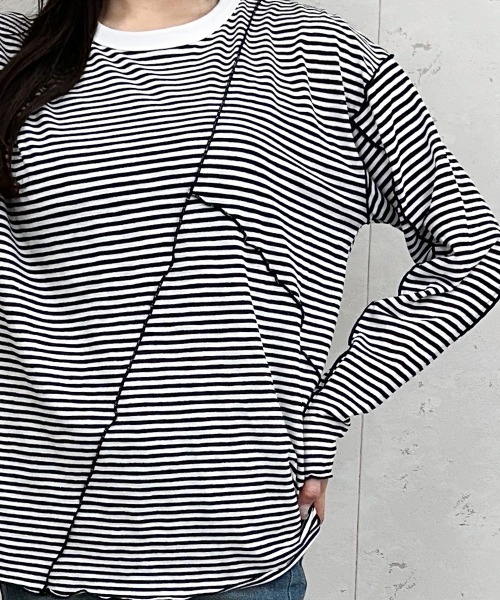 Per sist ence(パーシエンス)の「シアーボーダーメローバイカラーロンT(Tシャツ/カットソー・レディース・グリーン/ブラック/ベージュ/ネイビー・ONE SIZE)」の15枚目の写真