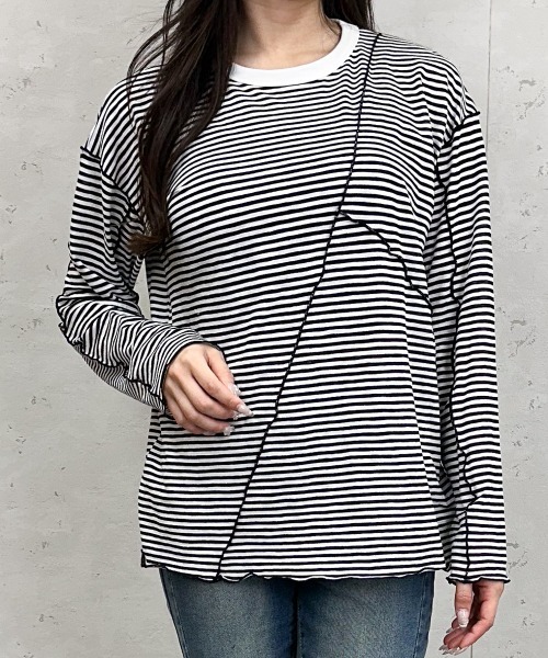 Per sist ence(パーシエンス)の「シアーボーダーメローバイカラーロンT(Tシャツ/カットソー・レディース・グリーン/ブラック/ベージュ/ネイビー・ONE SIZE)」の16枚目の写真