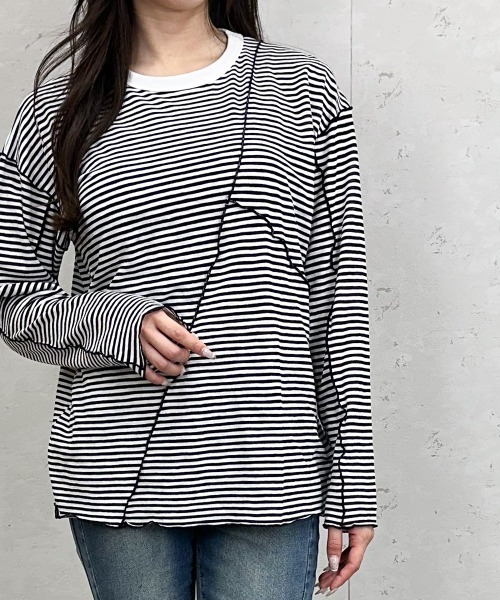 Per sist ence(パーシエンス)の「シアーボーダーメローバイカラーロンT(Tシャツ/カットソー・レディース・グリーン/ブラック/ベージュ/ネイビー・ONE SIZE)」の17枚目の写真