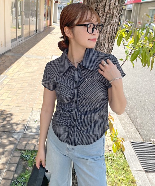 ブラウス シャツ AR先染メリネンチェック　クロップドシャツ レディース セール】AR先染メリネンチェック クロップドシャツ（シャツ