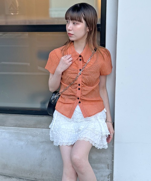 ブラウス シャツ AR先染メリネンチェック　クロップドシャツ レディース セール】AR先染メリネンチェック クロップドシャツ（シャツ