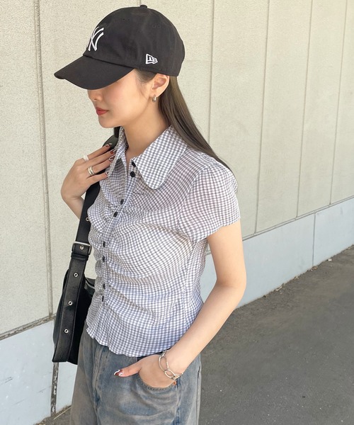 ブラウス シャツ 袖シャーリングBIGチェックシアーシャツ レディース 袖シャーリングBIGチェックシアーシャツ（シャツ/ブラウス