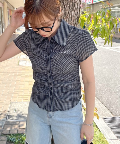 ABYS(アビス)の「クロップドチェックシャーリングシアーシャツ(シャツ/ブラウス・レディース・ホワイト/ネイビー/オレンジ・FREE)」の16枚目の写真