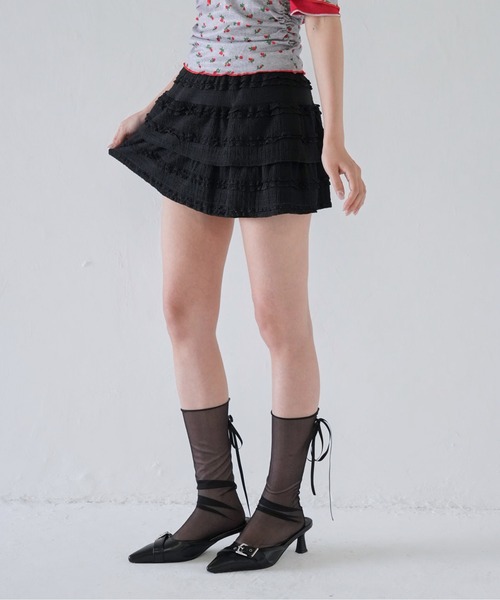 SANDRO☆コットン混ツイル ラッフル ミニスカート♪【送料込】 セール】【 cunii 】 ラッフル レイヤード ミニ スカート
