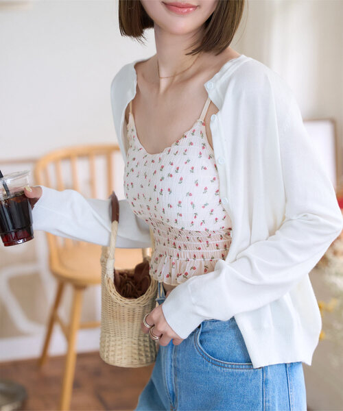セール】カップ付き小花柄シャーリングキャミ（キャミソール