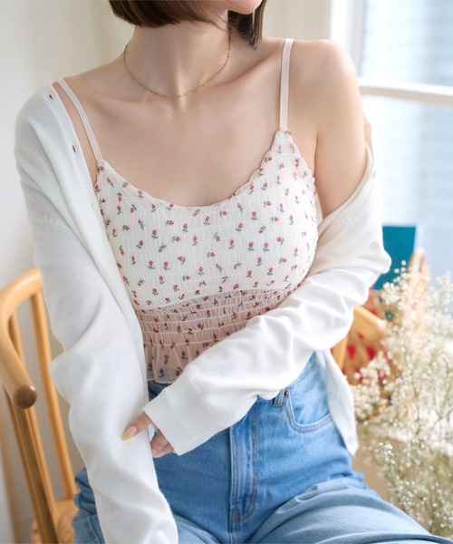 セール】カップ付き小花柄シャーリングキャミ（キャミソール