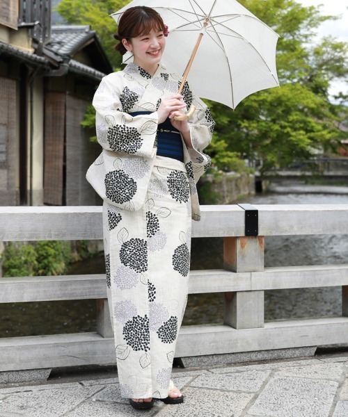 変わり織り綿麻浴衣3点セット「生成り地にグレーとネイビーの