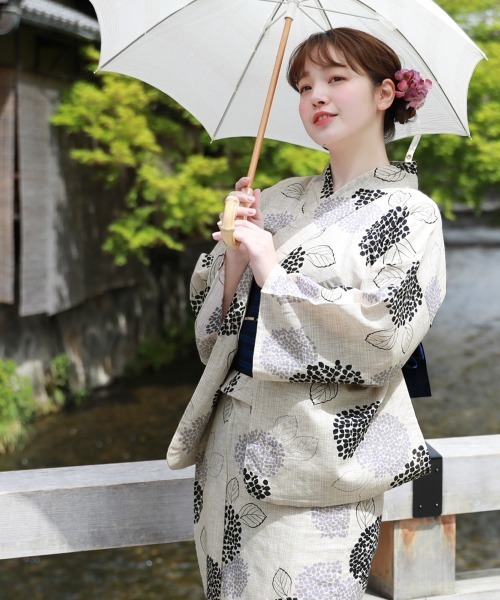 お任せ下駄つき◆最高級【綿麻浴衣】淡緑の撫子桜の涼し浴衣◆ 浴衣 3点セット（浴衣/兵児帯/下駄） ベージュ 薄茶色 モス