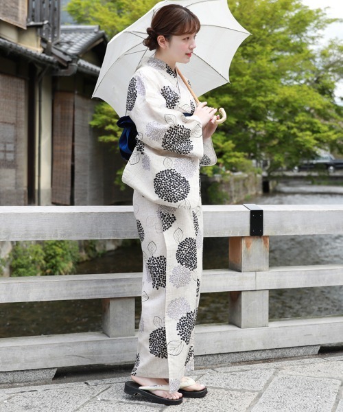 変わり織り綿麻浴衣3点セット「生成り地にグレーとネイビーの