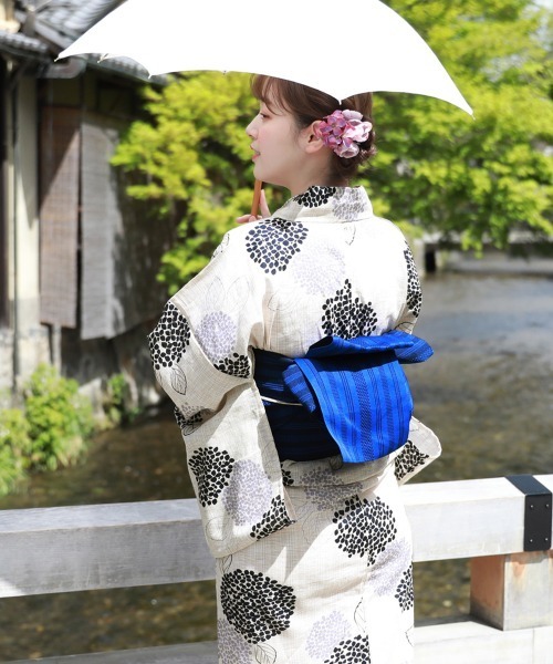 変わり織り綿麻浴衣3点セット「生成り地にグレーとネイビーの