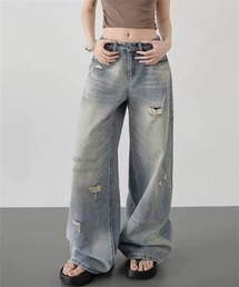 ゆったりサイズダメージワイドデニムパンツ