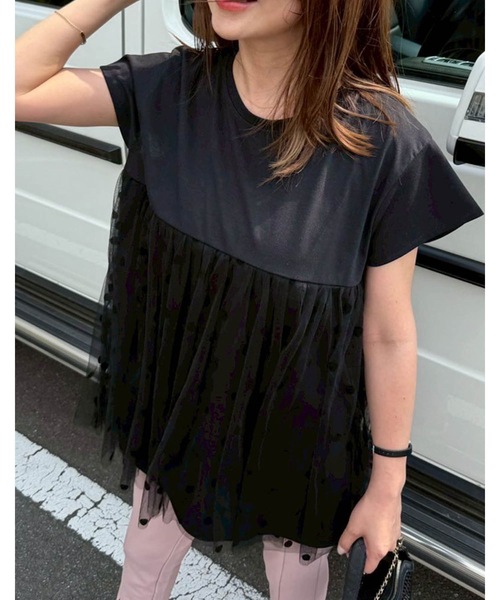 MOYUR ドット　カットソー　長袖　チュニック　ブラック MOYUR ドット カットソー 長袖 チュニック ブラック