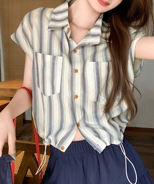 ONEP STAR（ワンピスター）の「ストライプ柄シャツ（シャツ/ブラウス・レディース・ライトブルー/ダークブルー・MEDIUM）」の2枚目の写真
